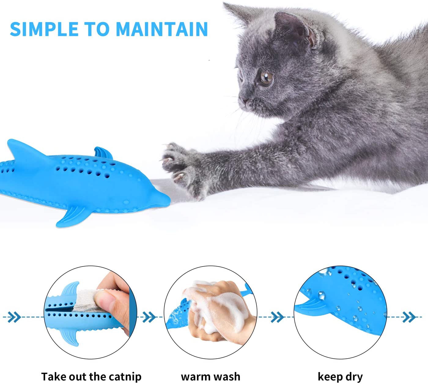 Food-Grade Silicone TEEPAO Refillable Catnip Toys for Cats Simulation Dolphin Shape Cat Toothbrush Kitten Teething Toy Chew Bite Supplies with Compressed Catnip Strip