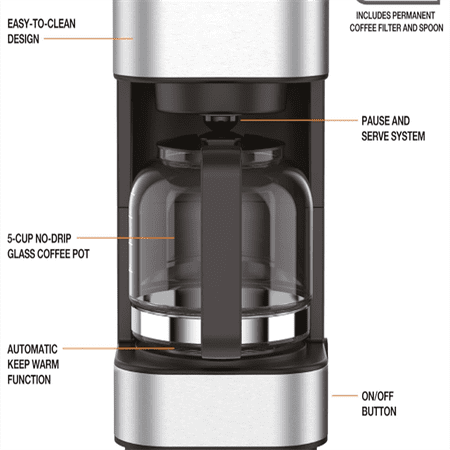 Compact 5 Cup Coffee Maker: Stainless Steel Design Pause & Brew Keep Warm Reusable Filter Drip-Free Carafe