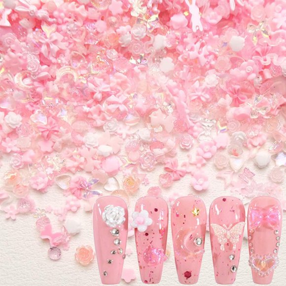 100 piezas de dijes de uñas 3D, dijes de uñas de color rosa, dijes de flores para decoración de uñas, formas mixtas, lazo de rosa, diseño de oso de conejo, dijes de uñas para uñas acrílicas, accesorio