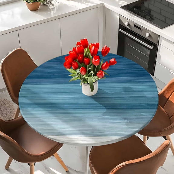 Ombre Blue Elastic Fitted Round Tablecloth Modern Line Art Waterproof Outdoor Table Cover for Holiday Party, Picnic, Patio & Dining Fits Tables Up to 36"-44"