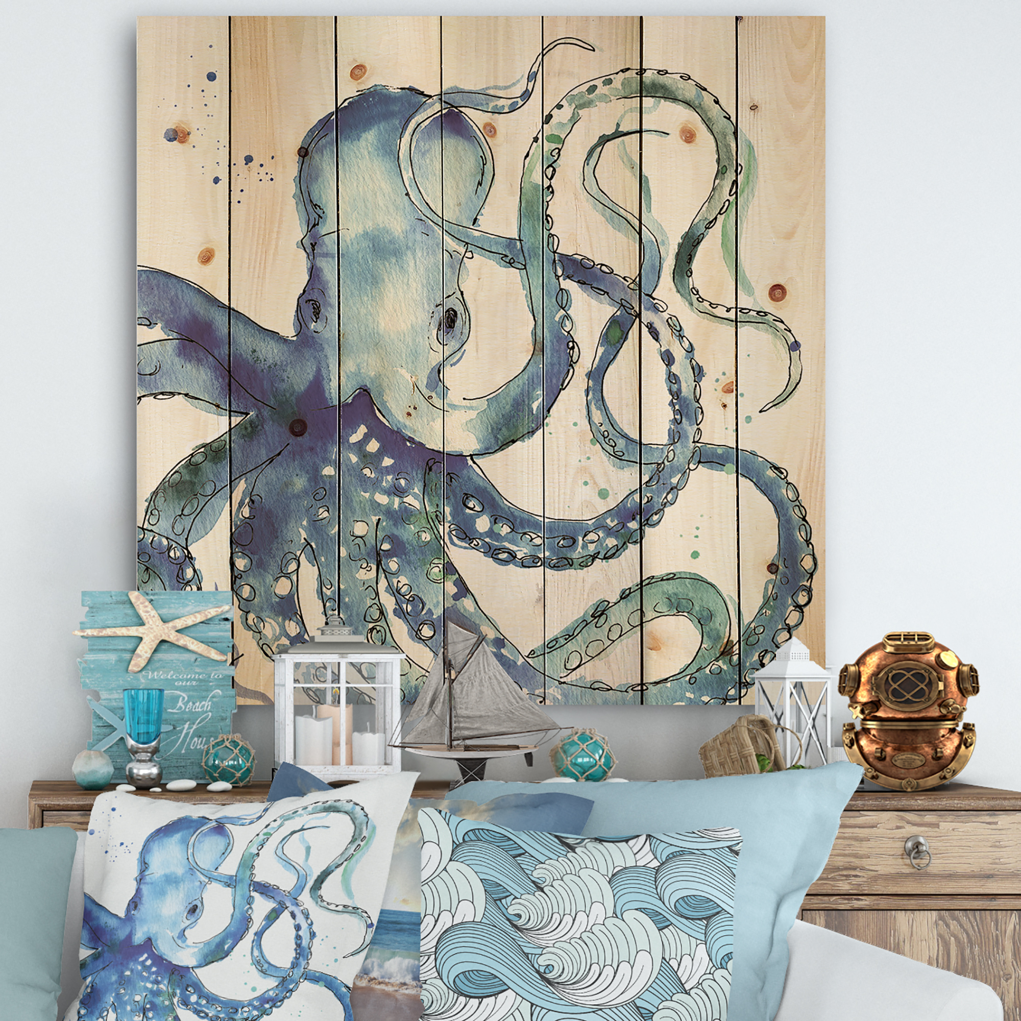 Designart Blue Deep Sea VIII Coastal Print on Natural Pine Wood Art Print, 30" x 30"