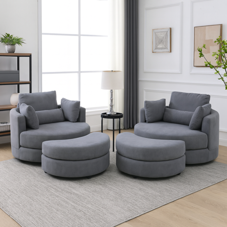 [Video] Welike Swivel Accent Barrel Modern Dark Grey Sofa Lounge Club Big Round Chair with Storage Ottoman Linen Fabric for Living Room Hotel with Pillows,2PCS.