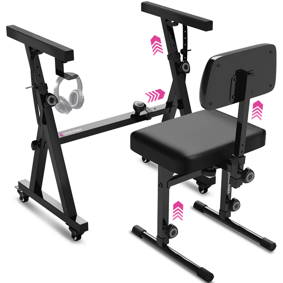 Liquid Stands Piano Keyboard Stand w/ Wheels and Bench Adjustable Stool Set - Portable Heavy Duty Digital Piano Stand for 54-88 Key Electric Piano Chair, Stool - Sturdy Keyboard Music Stand and Seat