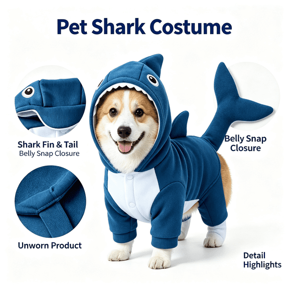 Pet Halloween Outfit, Puppy Halloween Costume, Cool Shark‑themed Jumpsuit For Ocean‑inspired Holiday Theme Party Nights For Small Dogs