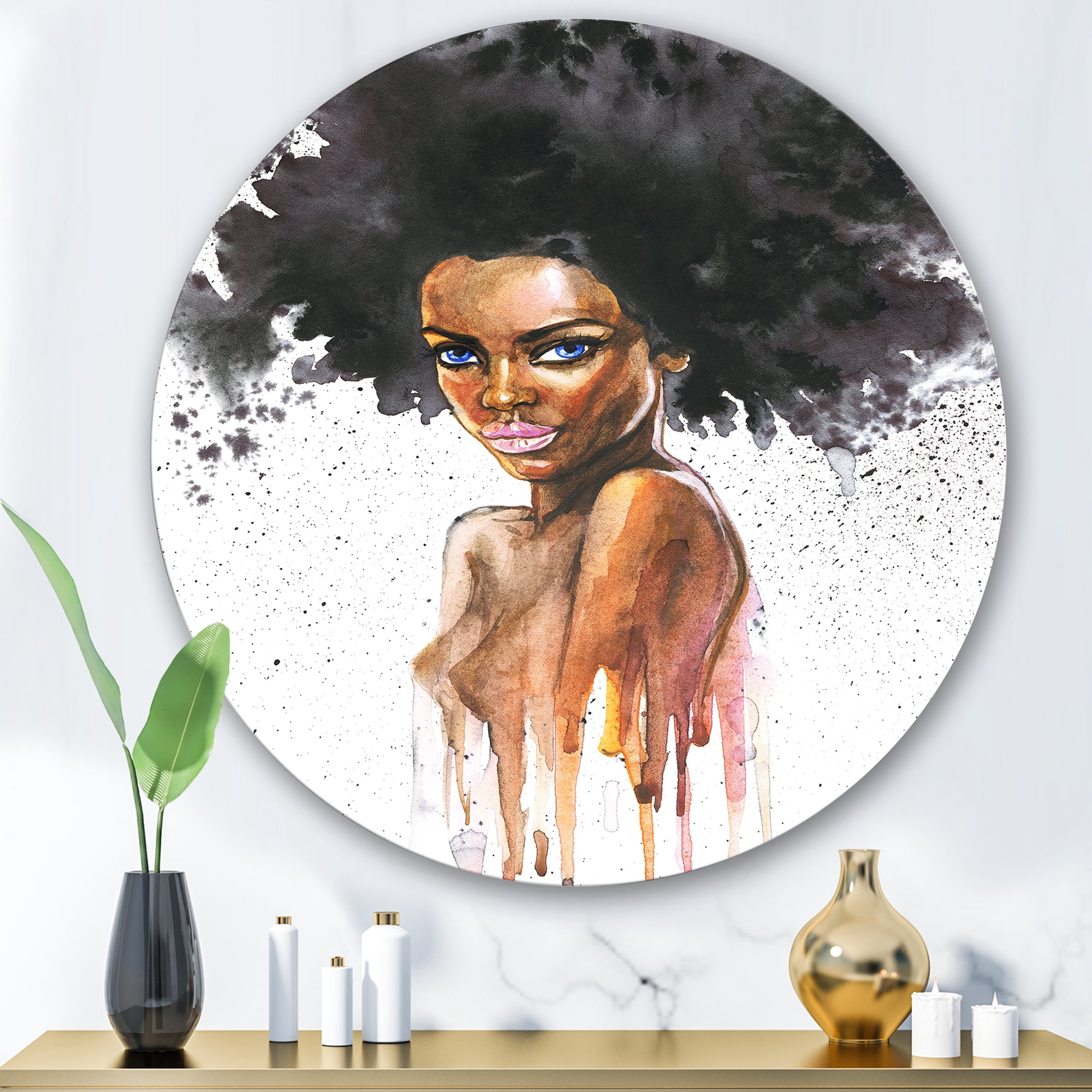 Designart 'Portrait of Afro American Woman VII' Modern Circle Metal Wall Art 29x29 - Disc of 29