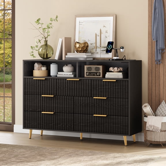 Modern 7-Drawer Dresser 53.9" Wide with LED Lights and Charging Station, Curved Fluted Drawers with Gold Handles, Stylish Chest for Bedroom and Living Room