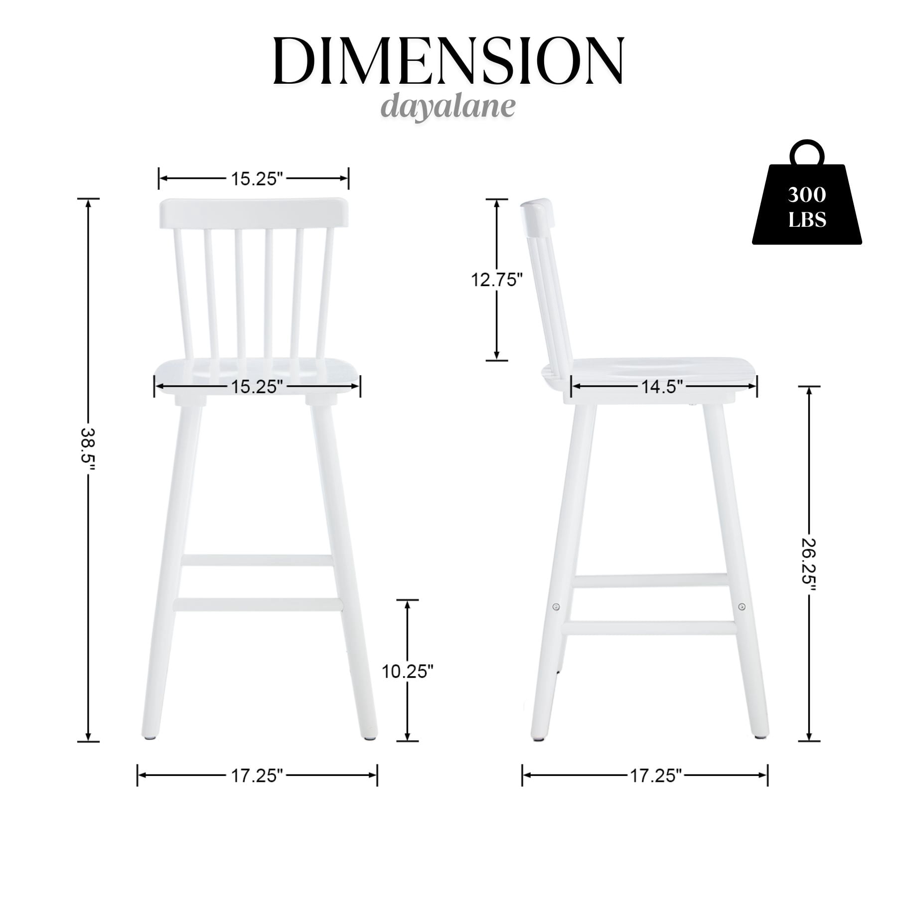 Dayalane Windsor Bar Stools Set of 4, 26" Farmhouse Wooden Counter Height Barstools with Spindle Back & Footrest, Armless Kitchen Island Stools for Bistro, Pub, Breakfast Bar,White