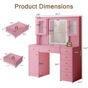 iPormis Vanity Desk with Mirror and Lights, Glass Top Makeup Vanity with RGB Light and Charging Station for Girls ,Pink