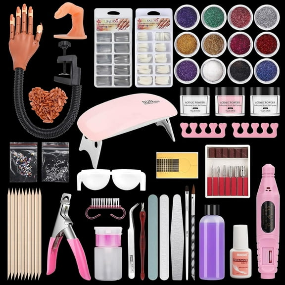 Flexible Acrylic Nail Practice Hand with Movable Fingers - Complete Training Kit for Beginners (Includes Nail Drill, UV Dryer, 12-Color Acrylic Powder & Tools)