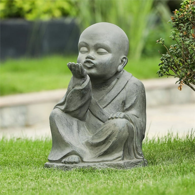 LuxenHome Gray MgO Blowing Kiss Buddha Monk Garden Statue