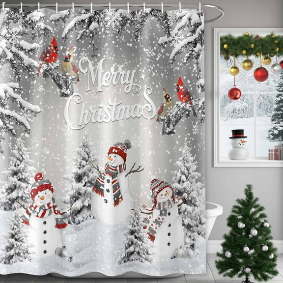 Christmas Shower Curtain Snowman Shower Curtains for Bathroom Winter Holiday Xmas Decor, Waterproof Polyester Shower Curtain Set with Hooks, Extra Long 72" x 78" Merry Christmas Tree Cardinals