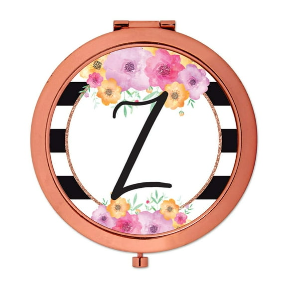 Koyal Wholesale Compact Mirror Bridesmaid's Wedding Gift, Rose Gold, Monogram Letter Z, Modern Black White Stripes