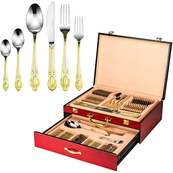 Italian Collection 'Monarch' 75-Piece Premium Surgical Stainless Steel Silverware Flatware Set 18/10, Service for 12, 24K Gold-Plated Hostess Serving Set in a Wooden Case