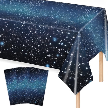 Tumao 3 Pcs Starry Theme Party Tablecloth, 54" x 108" Outdoor Plastic Table Cover, Happy Birthday Space Themed for Parties and Events