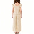 thumbnail image 5 of Miluxas Girls' Gingham 2-Piece Set - Ruffle Sleeve Top & Wide Leg Pants, Lightweight Plaid Outfit for Beach & Summer Wear Beige 13 Years, 5 of 8