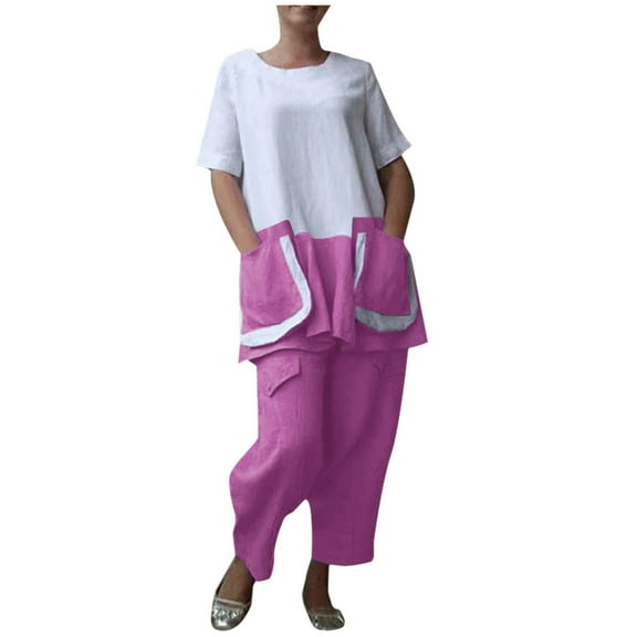 Womens Loungewear Two Piece Casual Linen Short Sleeve Tops with Two Pockets Cropped Wide Leg Pants Pajamas Sets