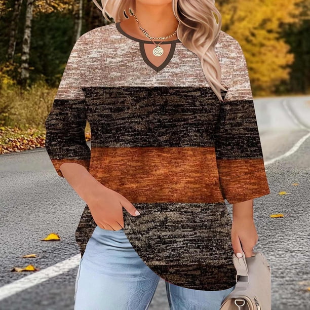 TaTaai Women Casual Plus Size Top Random Print Three Quarter Sleeve Crew Neck Chest Cutout Design Spring Summer Base Tee Ladies Daily Street Wear Soft Comfortable High-Rated Fashion Top Gift