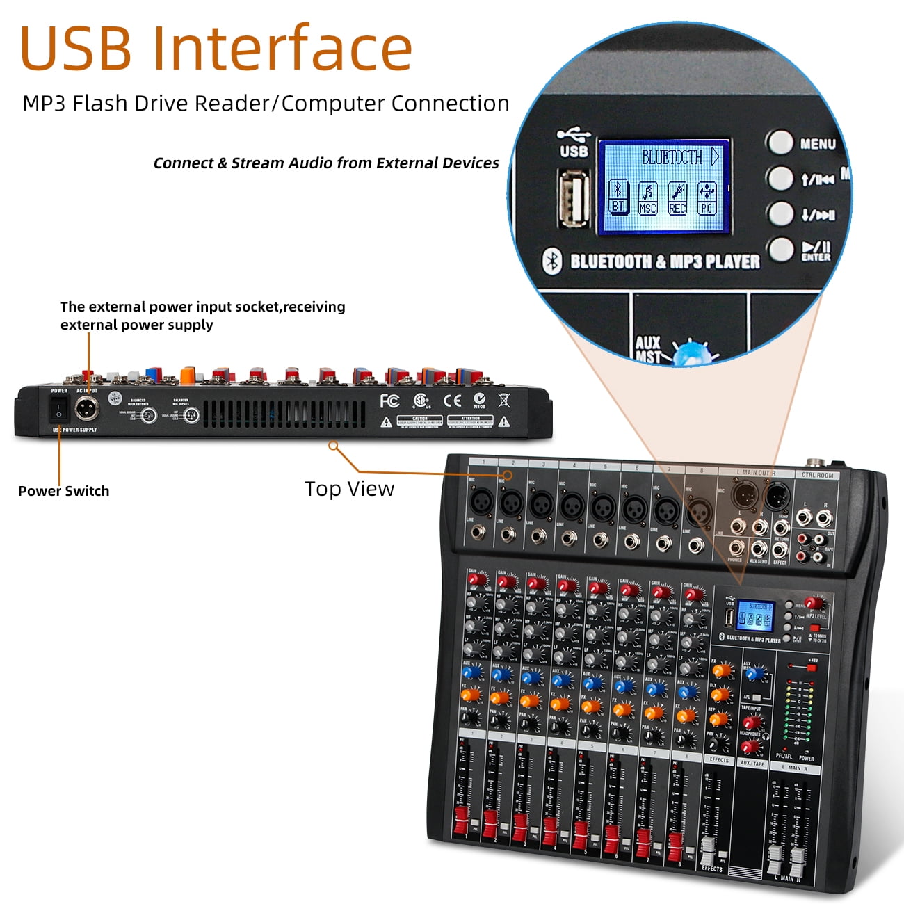 Depusheng DX8 Sound Controller Interface 8 Channel Digital USB Bluetooth MP3 Computer Input 48V Phantom Power Stereo DJ Studio