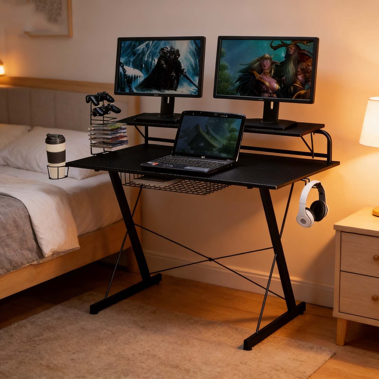 Carbon Fiber Gaming & Office Desk  Ergonomic Standing Desk with Built-In Shelves | Smart Height-Adjustable Electric Table for Home Office & Multi-Scene Use