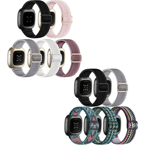 REQO 10 Pack for Fitbit Versa 3 Bands/Fitbit Versa 4 Band/Fitbit Sense Bands for Men Women, Adjustable Stretchy Solo Loop Elastic Nylon Sport Strap for SmartWatch Replacement