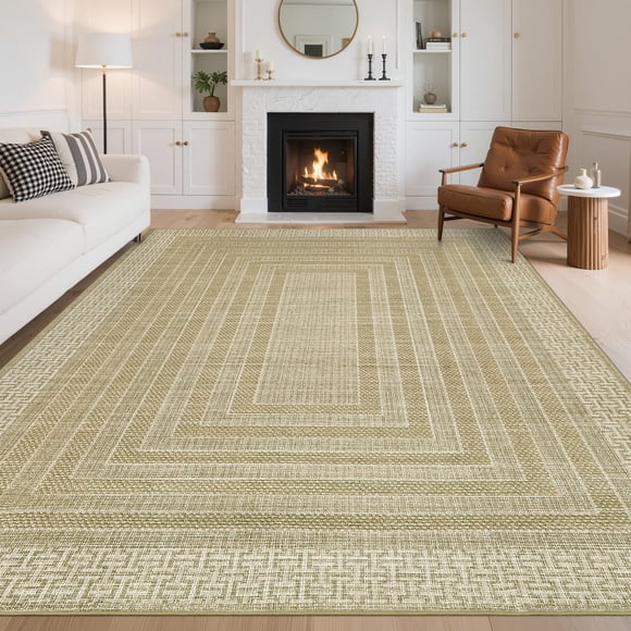 Bordered 8x10 Living Room Rugs, Washable Modern Soft Non Slip Geometric Area Rug for Bedroom, Low Pile Ultra Thin Large Under Table Carpet for Dining Room Home Decor, Taupe
