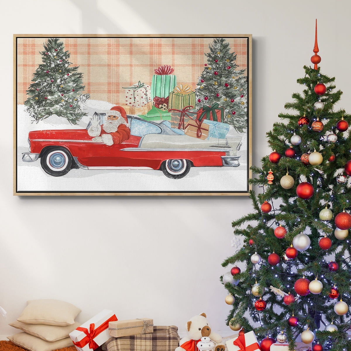 Santa on Wheels Collection A - Framed Gallery Wrapped Holiday Canvas - 17 x 25 - Natural Wood Frame