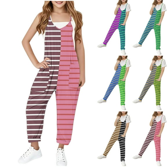 ATOGUTA Girls Jumpsuit Size 5T-14 Spaghetti Strap Loose Romper Kids Casual Sleeveless Overalls with Pockets Green