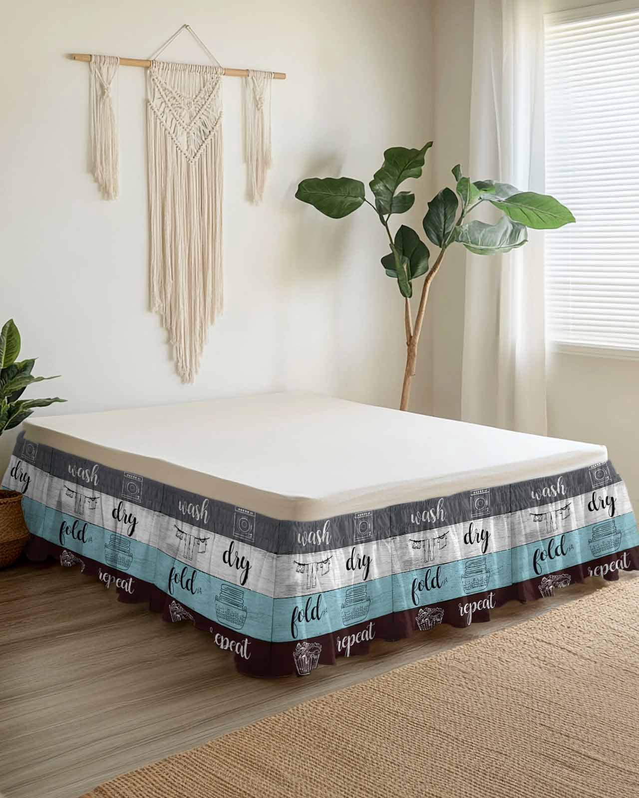 Laundry Rules Bed Skirt Retro Blue White Wood Board Grain Bed Skirts Queen Size 16 Inch Drop, Wrap Around Dust Ruffle&nbsp;Bedskirt with Adjustable Elastic Belt for Queen Size Beds