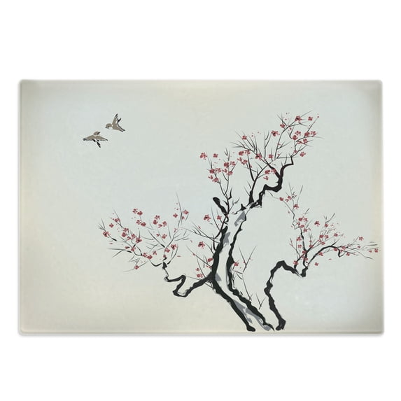 Floral Cutting Board, Classic Paint Style Art Flower Branches Blossom and Flying Birds Pattern, Decorative Tempered Glass Cutting and Serving Board, Large Size, Grey White, by Ambesonne