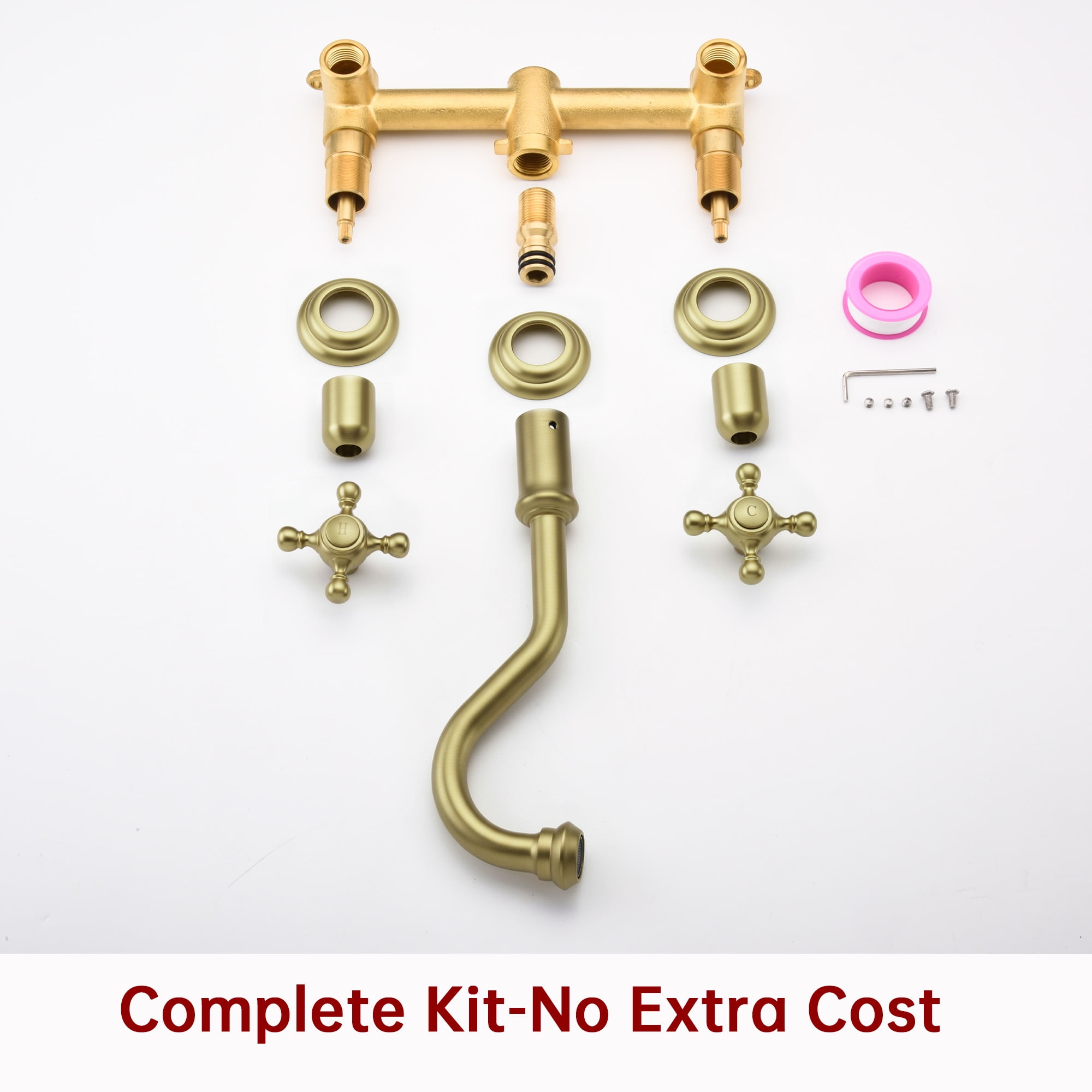 SUMERAIN 3 Holes Wall Mount Basin Faucet,Vintage Cross Handles Brushed Gold Lavatory Bathroom Vessel Sink Faucet Includes Rough-in Valve