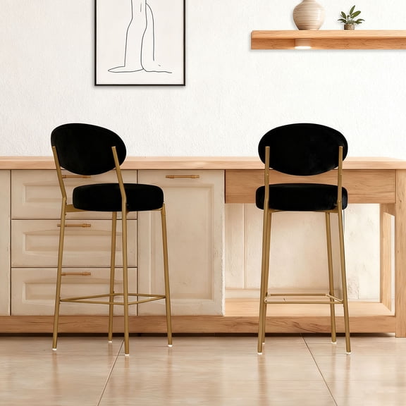 S-HOME Velvet Bar Stools with Gold Metal Legs Set of 2 Perfect for Kitchen Island Seating and Home Bar Decor