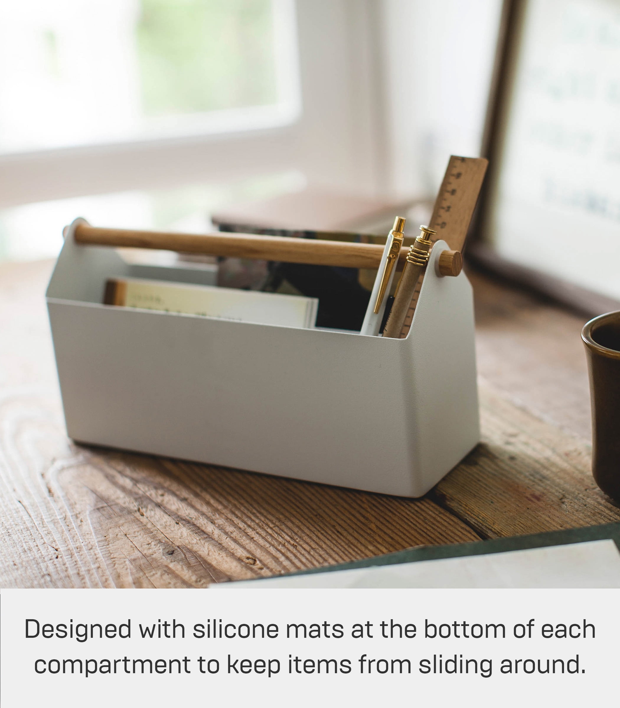 Yamazaki Home Pen + Desk Organizer - Two Sizes, White, Steel + Wood, Caddy, Handles, No Assembly