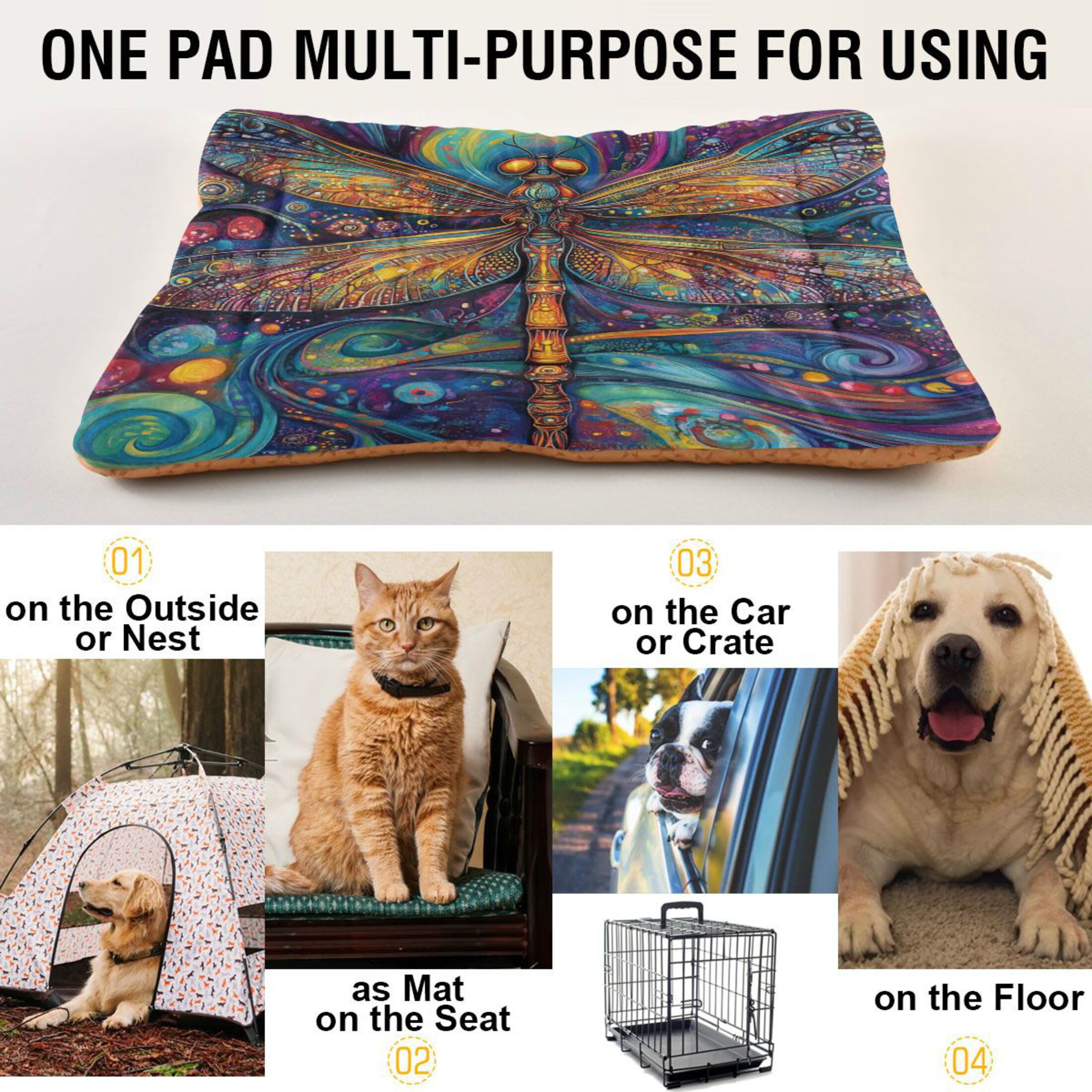 Qxltty Weird Style Dragonfly Ped Pad Wear-resistant and Hard to Bite Through Sleeping Pad for Small Medium Large Dogs Winter Pet Bed 36×24in