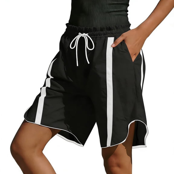 Aoiroe Womens Baggy Cargo Shorts Casual Wide Leg Knee Length Drawstring Elastic Waist Workout Running Athletic Yoga Shorts Black L