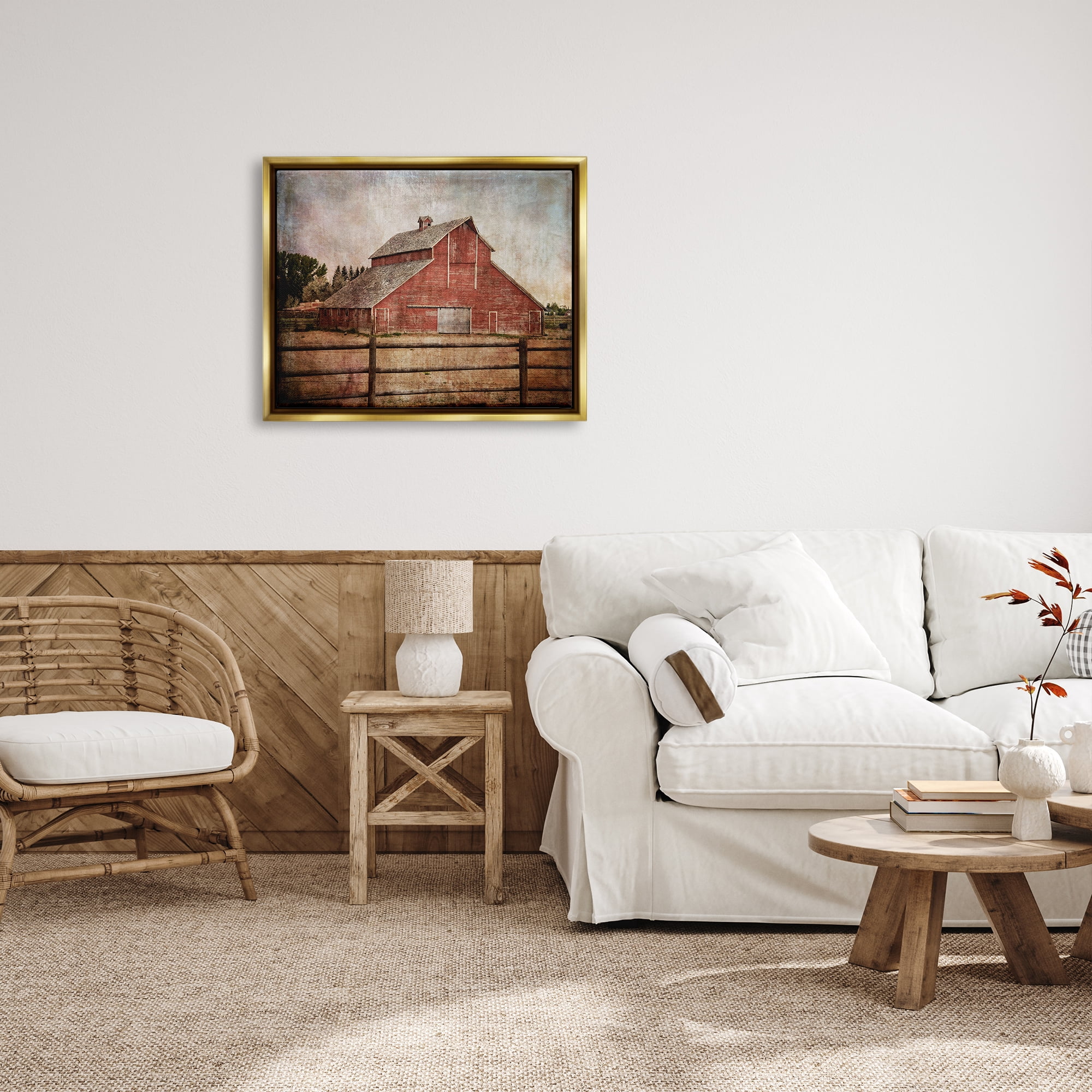 Stupell Industries Vintage Rustic Barn Landscape Painting Gold Floater Framed Canvas Art Print Wall Art, 31 x 25