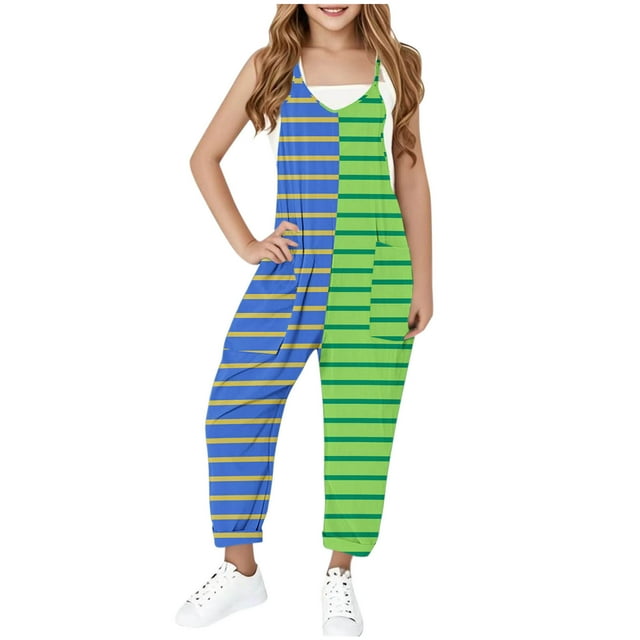 YUNAFFT Filles 5-14 Ans Salopette Sans Manches à Rayures avec Poches, Combinaison à Imprimé à Blocs de Couleur Tissu Doux Extensible Jeu Décontracté et Superposition