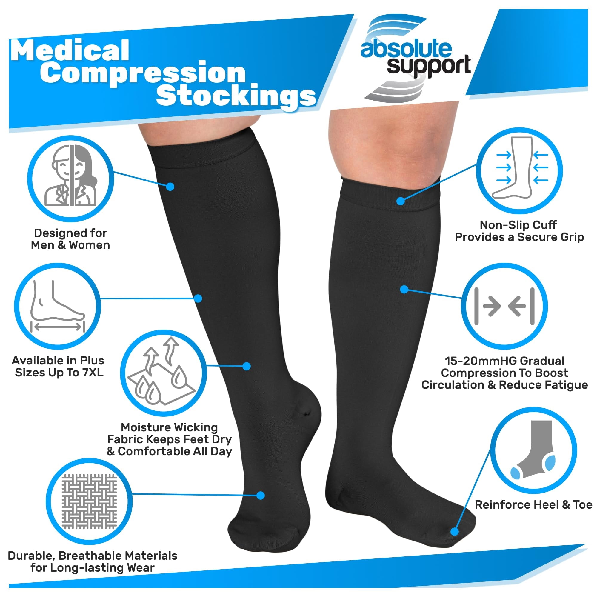 Plus Size Unisex Compression Stockings 15-20mmHg - by Absolute Support - Black, 2X-Large
