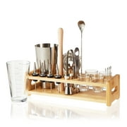 True Ultimate 20 Piece Barware set with Wooden Stand, Bar Tools, Shot Glasses, Mixing Glass, Craft Perfect Cocktails at Home, Essential Bar Tools, 20-Piece set, Wood and Stainless Steel