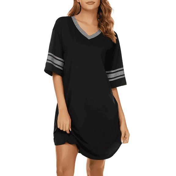 MLDRA Nightgown for Women Short Sleeve Sleepwear Casual Cotton Sleep Shirt Soft V Neck Lounge Sleep Shirts Color Block