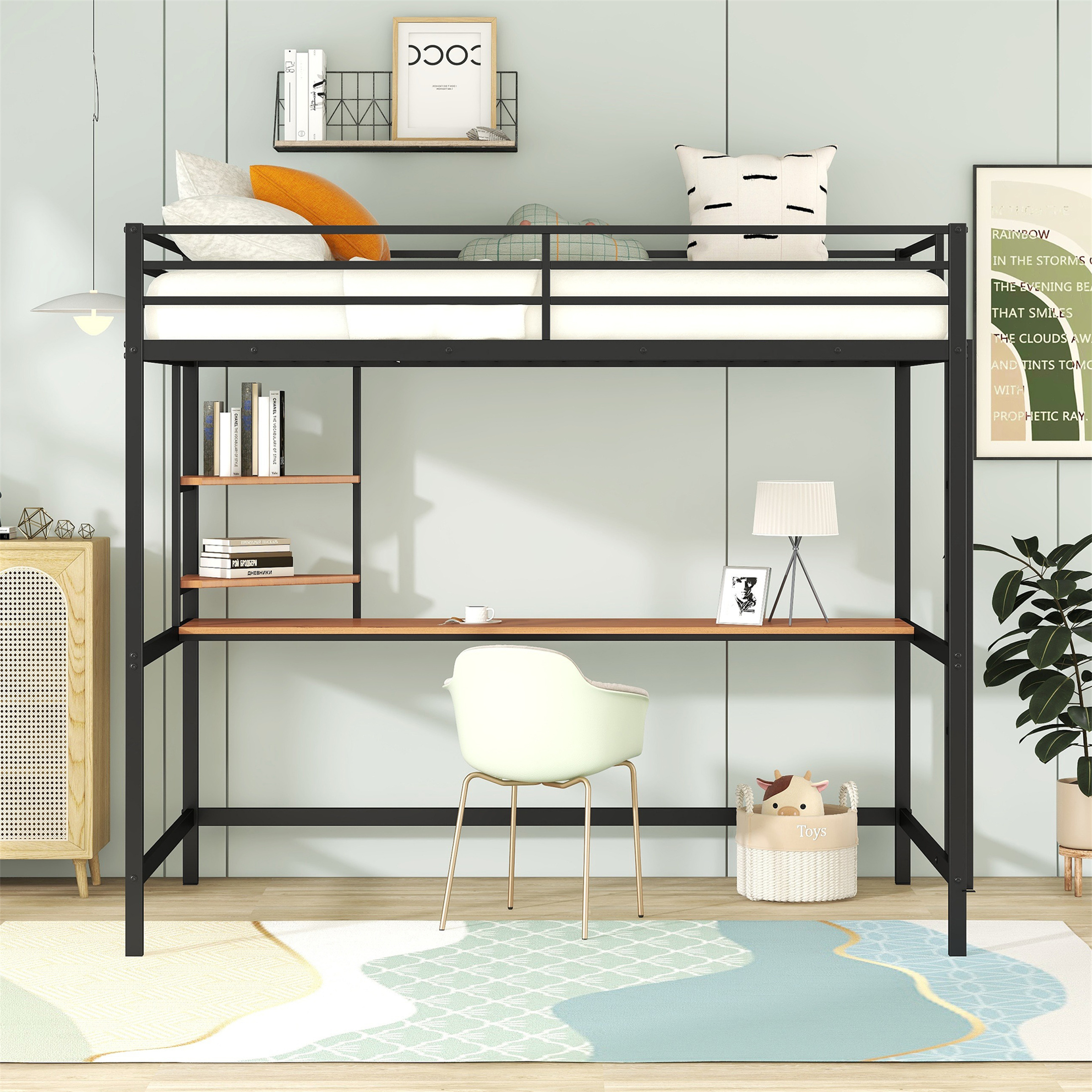 Aukfa Full Size Loft Bed with Desk and Shelves for Adults Teens, Heavy Duty Metal Bed Frame, Black