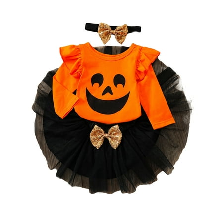 

Izhansean Newborn Baby Girls 1st Halloween Outfits Letter Print Long Sleeve Romper+Tutu Skirt+Headband Clothes Orange 0-3 Months