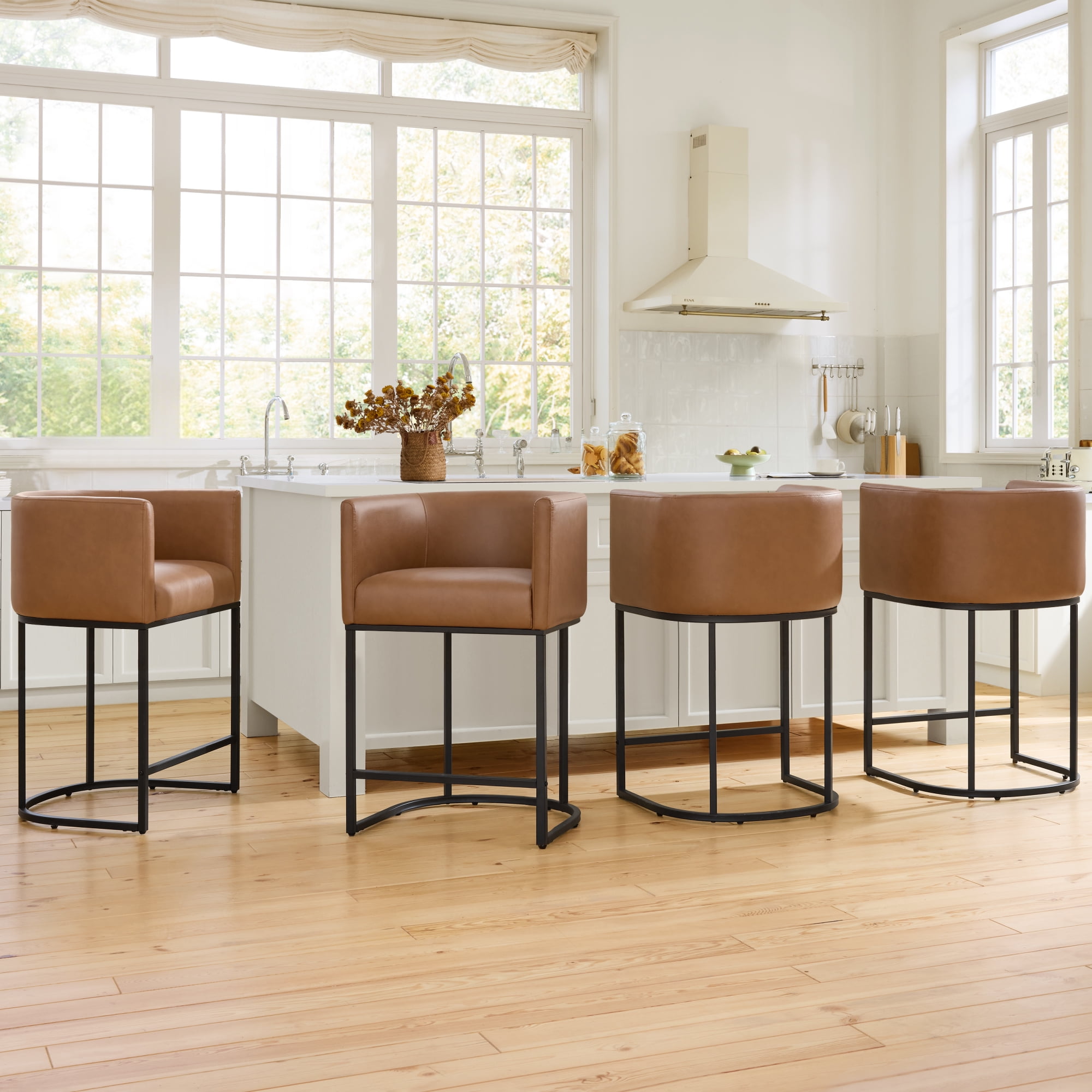 Spruce & Spring Modern Barrel-Back Upholstered Counter Stool with Wide Seat for Kitchen Island or Home Bar Set of 2, Brown