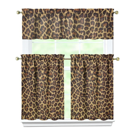 Leopard Print Kitchen Curtains 36 Inch Short - 3 Panel Set, Modern Cheetah Spot Design, Rod Pocket Animal Print Curtains 100% Polyester, Fashion Tropical Pattern for Living Room, Bedroom, Easy Wash