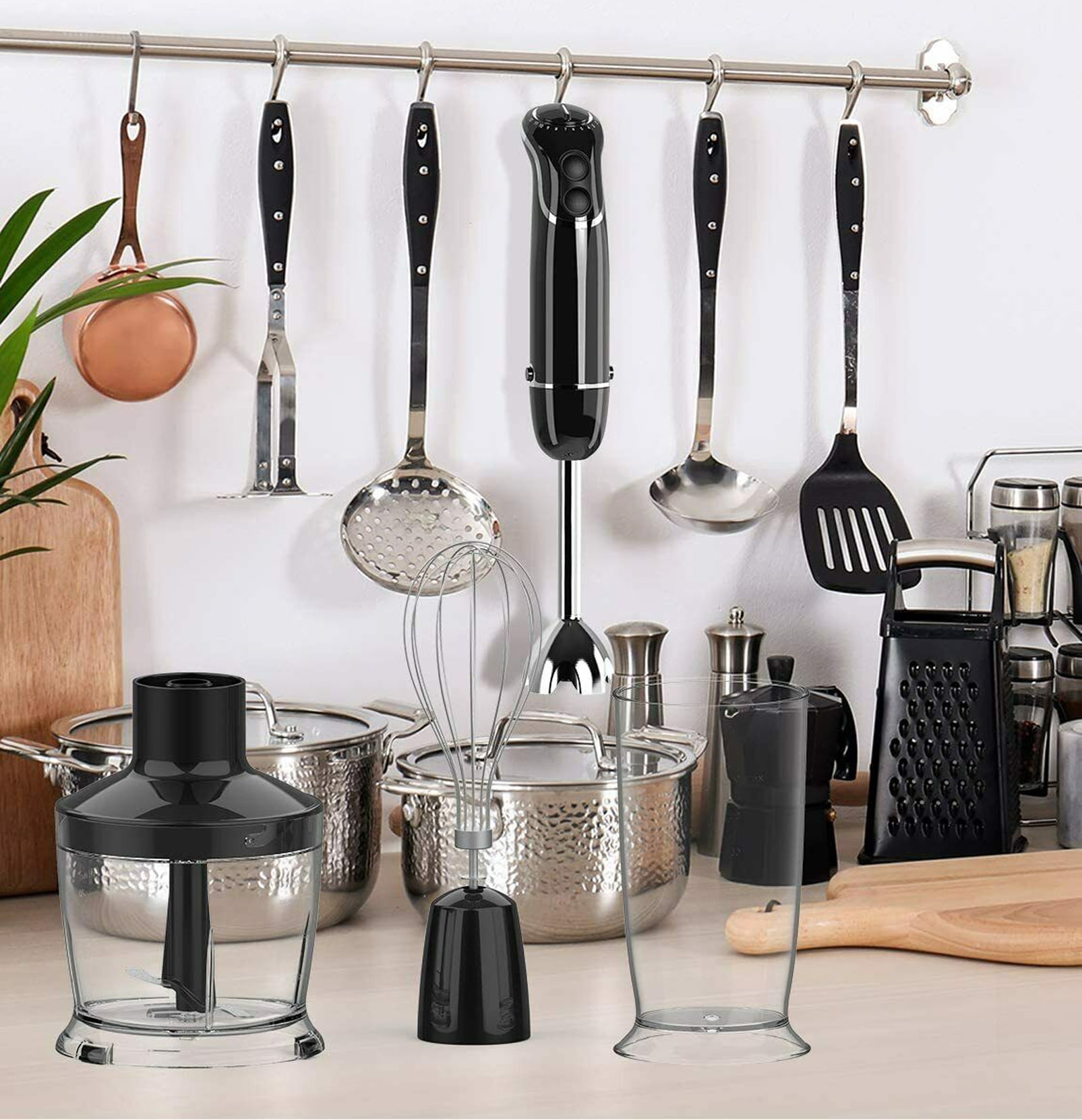 ikan 12 Speed Immersion Hand Blender (Titanium Coating), Powerful 800-Watt Motor 4-in-1 Blender Set, BPA-Free Smoothie Blender / Food Chopper / Egg Beater / Beaker (Ergonomic Grip, Black)