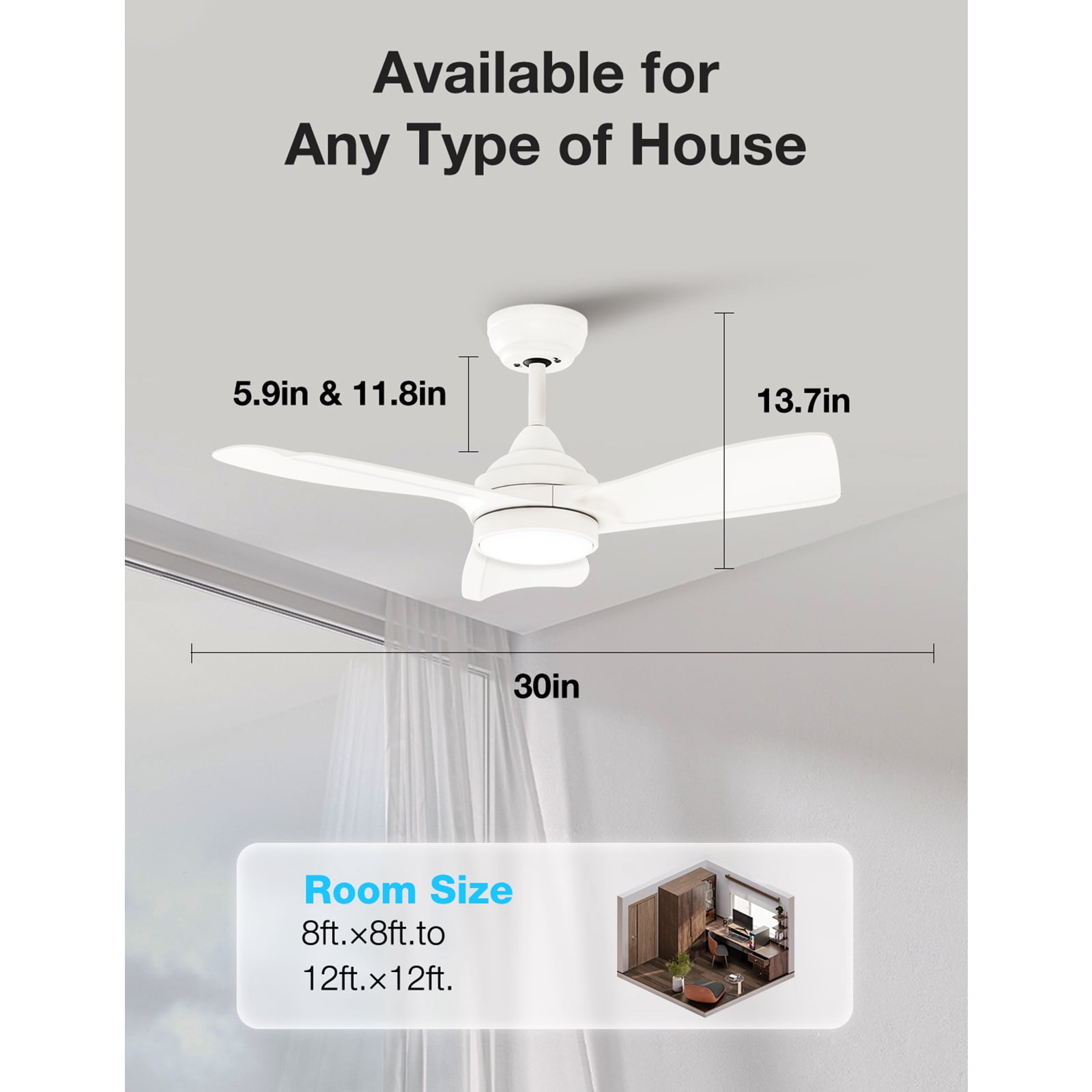Warmiplanet 2-Pack 30" Small Ceiling Fan with Light & Remote, White, Dual-Color Blades, DC Motor, 6 Speeds, 3-Color Light, Reversible, Timer