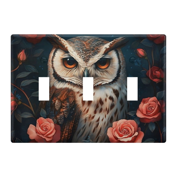 Haosy Light Switch Cover Plate 3 Gang Electrical Outlet Covers Cool Owl with Rose Decorate Wall Plate 4.56”x4.48”
