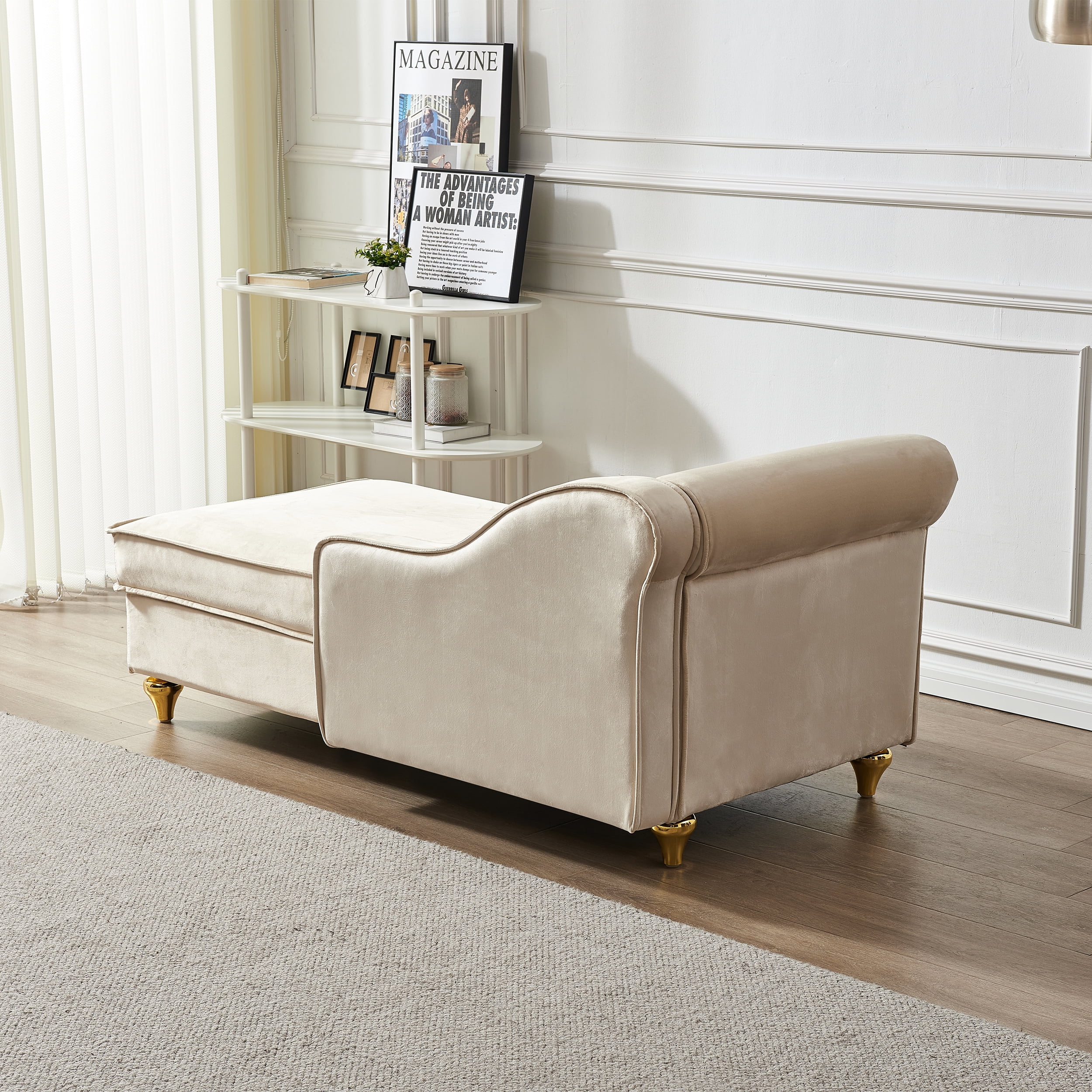 Miniyam Storage Chaise Lounge, Velvet Upholstered Sofa Recliner Lounge Chair with Pillow for Living Room Bedroom, Beige