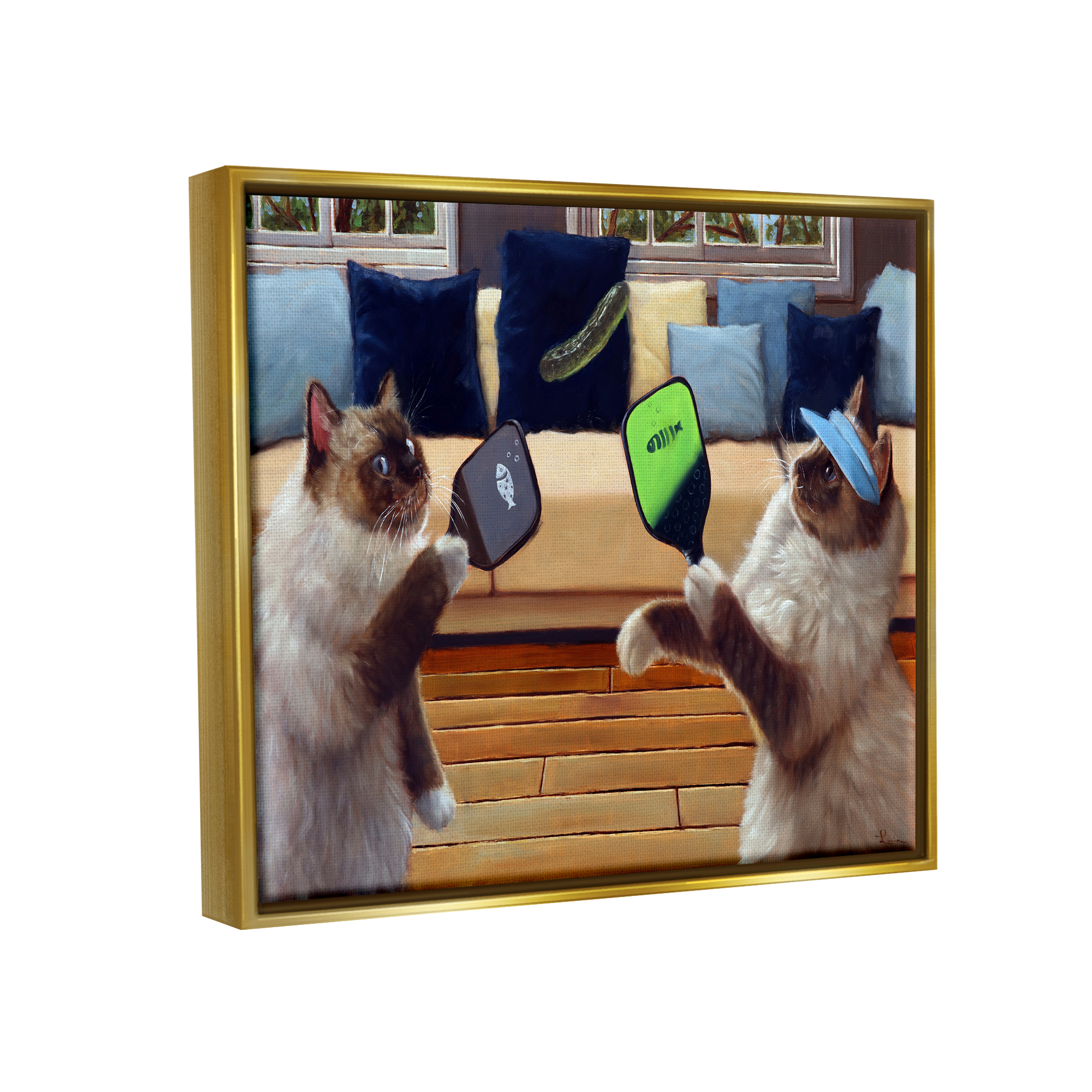 Stupell Industries Cats Playing Ping Pong Animals & Insects Painting Gold Floater Framed Canvas Art Print Wall Art, 21 x 17