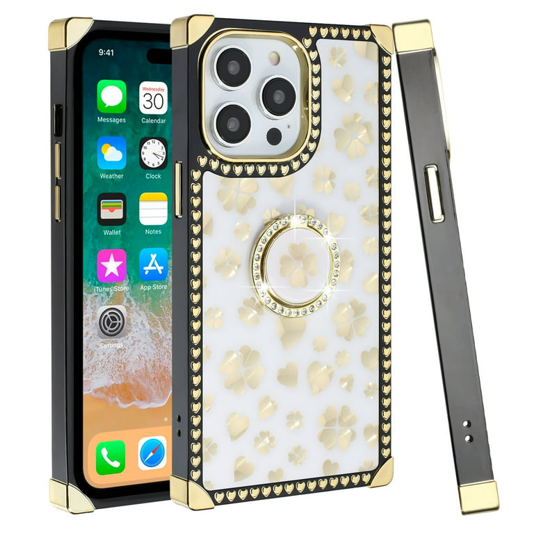 SELFD Luxury Square iPhone 13 Pro Max Case Designer iPhone 13 Pro Max Case  for Girls Women Classic Pattern Leather Back Cover Soft Frame Metal  nameplate Decoration iPhone Cases(Khaki-13Pro Max 6.7): Buy