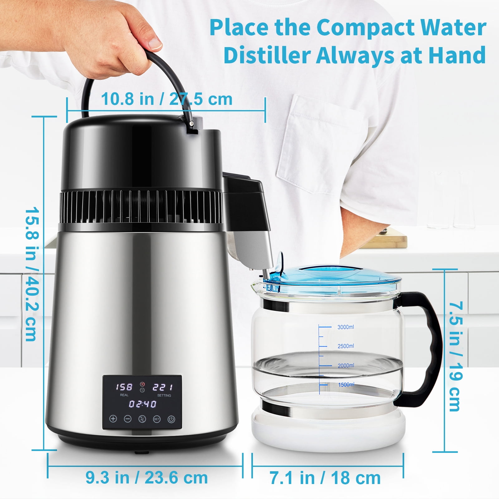 KFFKFF 1.1 Gallon Still, 0.4 gph, 1750 Watt Still 0-99 Hour Scheduler Dual Temperature Display, 304 Stainless Steel Countertop Distilled Water Bottle Cleaning Powder 3 Pack Carbon, Silver